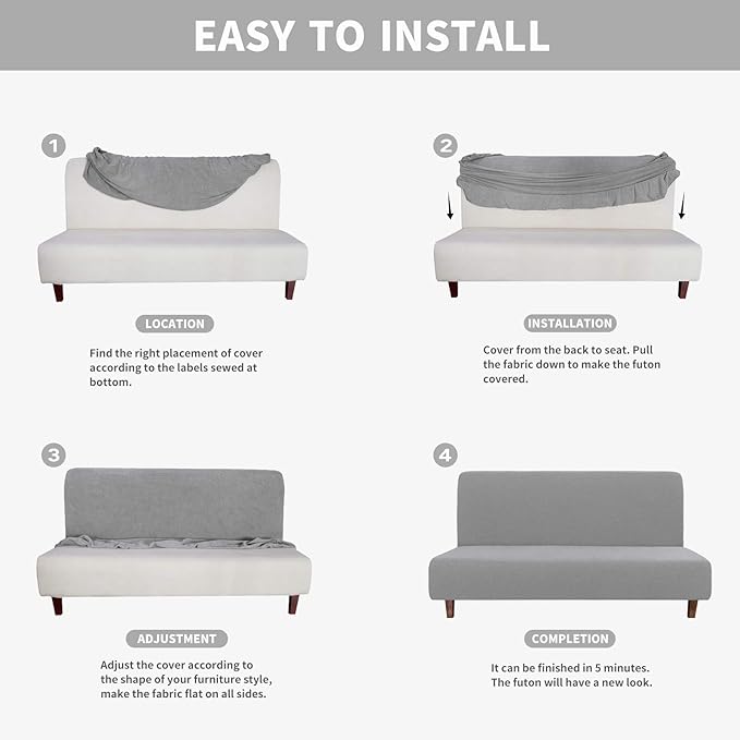 Easy-Going 100% Waterproof Futon Cover, Dual Waterproof Couch Cover for Futon, Stretch Jacquard Sofa Cover, Leakproof Furniture Protector for Kids, Pets, Dog and Cat (Medium, Light Gray)