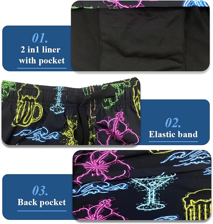 Mens Swim Trunks with Compression Liner Quick Dry Zipper Pocket Bathing