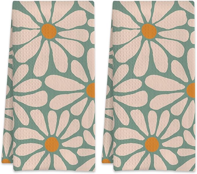 Boho Daisy Flowers Groovy Retro Hand Towels,Set of 2 Absorbent Floral Bath Towel Kitchen Dish Towel Home Gym Hotel Bathroom Decor,16x24 Inches