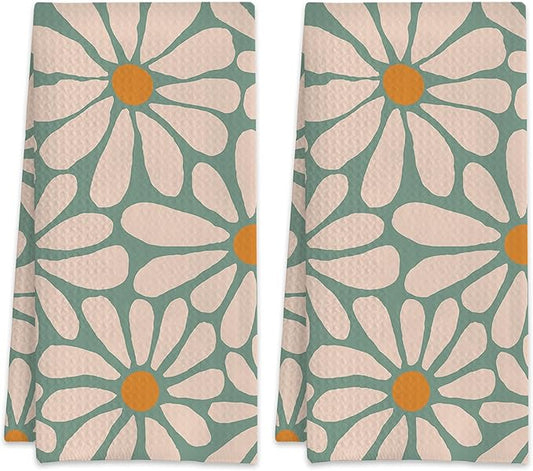 Boho Daisy Flowers Groovy Retro Hand Towels,Set of 2 Absorbent Floral Bath Towel Kitchen Dish Towel Home Gym Hotel Bathroom Decor,16x24 Inches
