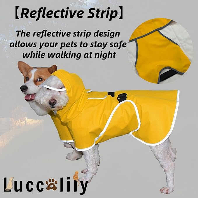 Dog Poncho Hooded Raincoat for Puppies & Small to Large Dogs, Reflective Strips for Night Safety, Lightweight & Adjustable Fit (Large, Yellow)