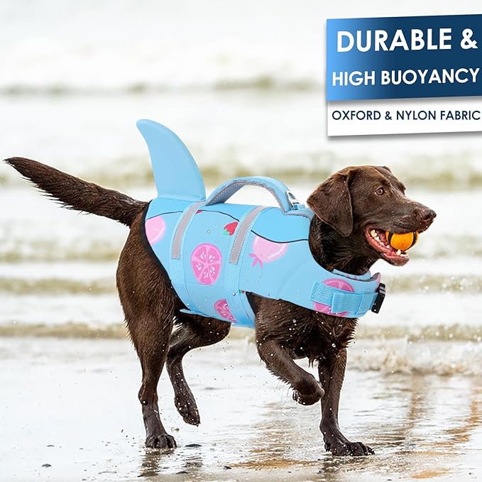 AOFITEE Dog Life Jacket, Shark Dog Life Vest for Swimming Boating, High Flotation Pet Lifesaver with Rescue Handle, Reflective French Bulldog Lifejacket, Swim Vest for Small Medium Large Dogs, M