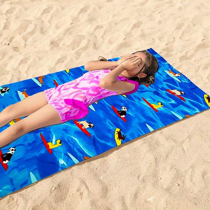 YIFONTIN Microfiber Beach Towels Velour Throw Blanket Super Soft Absorbent 27.5"x55" for Kids Bath Camping Swimming Pool Sports, Puppy Surfing.