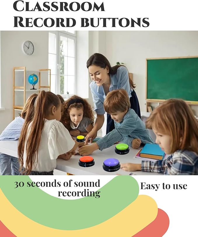 Dog Talk Buttons Voice Recording Button for Communication and Pet Training 30-Second Record & Playback Talking Button for Study, Office, Family, and Kids (Orange Green Purple Yellow, multicolor)