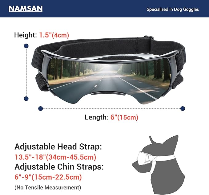NAMSAN Dog Goggles Small Breeds, UV Protection Dog Glasses for Small Dogs, Puppy Sunglases Windproof Dustproof Driving Eye Protection, Adjustable, Cute Silver