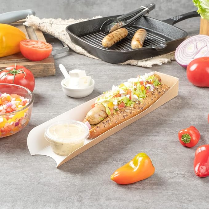 Restaurantware-Bio Tek 11.8 x 2 x 1.3 Inch Hot Dog Trays Pak of 200 Open-Design Hot Dog Containers - 3-Walled, Greaseproof, Recyclable, Disposable, Kraft Paper Serving Trays For Food Trucks