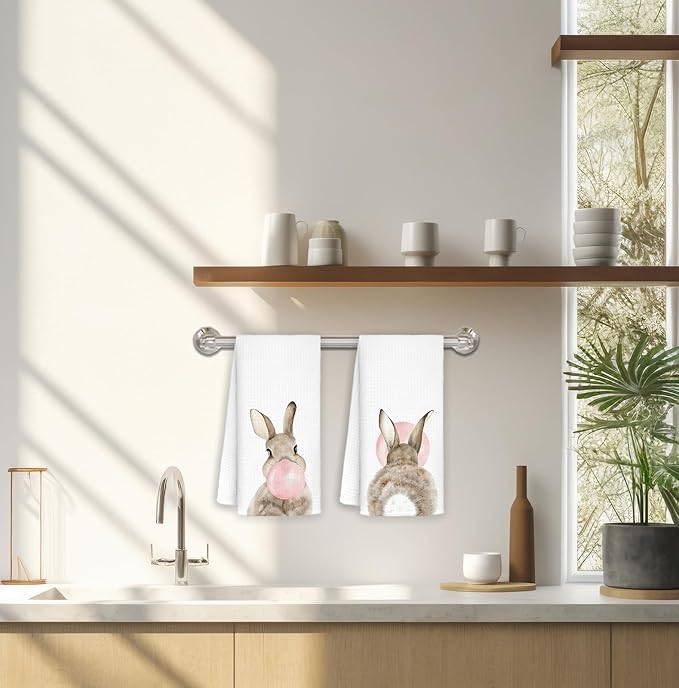 Pink Bubblegum Rabbit Bunny Kitchen Dish Towels Set of 2, Bunny Gifts for Women Girls, Kids Bathroom Decor, Rabbit Gifts Hand Tea Towels for Kitchen Bathroom Decor, 16x24 Inch