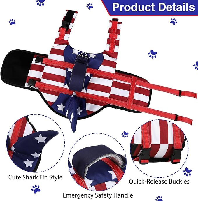 TDTOK Dog Life Jacket Shark Fin American Flag Pattern with Rescue Handle and Reflective Stripes Suitable for 4th of July, High Buoyancy Life Safety Vest for Dogs Swimming and Boating (Large)