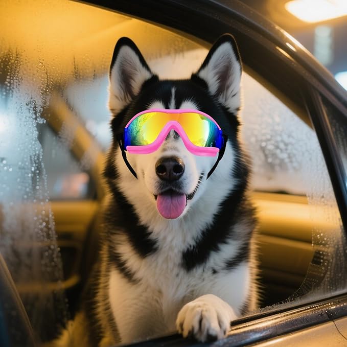 NAMSAN Dog Goggles Medium to Large Breed, Anti-UV Sunglasses for Dogs Large Breeds, Windproof Driving Dog Eye Protection, Doggy Glasses with Elastic Straps, Adjustable, Pink