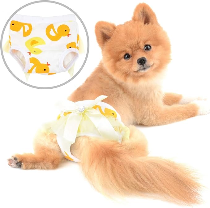 SELMAI Adorable Dog Physiological Shorts Diaper for Dogs Female in Heat Reusable Washable Doggy Kitten Underwear Pants for Small Medium Puppy Cat Girl Doggie Menstrual Nappies All Seasons Yellow L