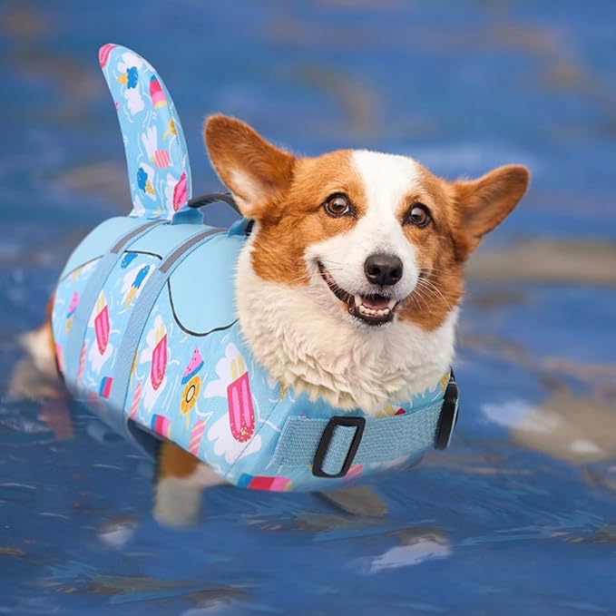 Queenmore Shark Dog Life Vest for Swimming, Boating, Kayaking, Surfing, Canoeing - High Buoyant Dog Life Jacket, Ripstop High Flotation Swimsuit for Small, Medium, Large Dogs (Blue Ice Cream, S)