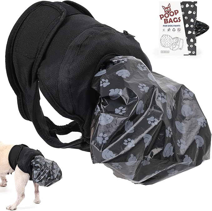 ETIAL Reusable Dog Poop Pants, Adjustable Dog Sanitary Pants with 50pcs Dog Poop Bag for Incontinence & Outdoor Walking, Convenient Dog Poop Collection Pants for Senior and Disability Dogs (S)