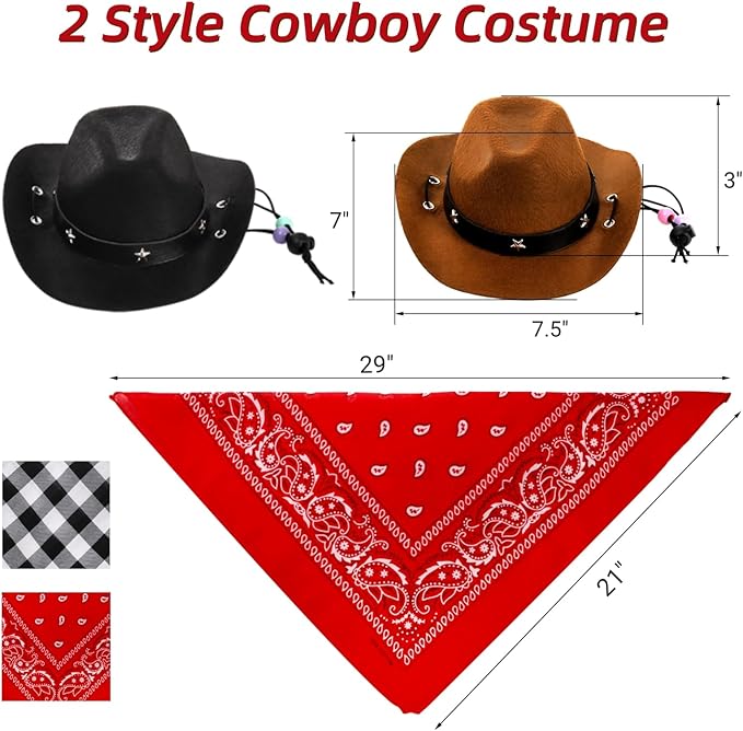 4 Pack Pet Cowboy Costume Accessories Set, 2 Pcs Cowboy Hat and 2 Pcs Bandana Scarf, Puppy Kitten Halloween Christmas Costume, West Cowboy Accessories Party Cosplay Wearing for Cats Small Dogs