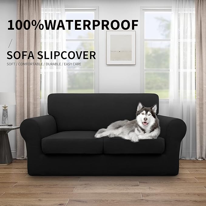 Easy-Going 100% Dual Waterproof 3 Pieces Loveseat Cover Stretch Soft Couch Cover for Dogs, Sofa Slipcover for 2 Separate Cushion Couch Leakproof Furniture Protector for Kids, Pets Black