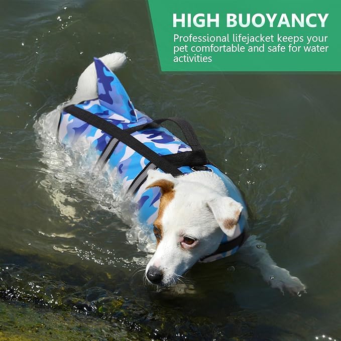 Queenmore Dog Life Jacket Pet Safety Vest High Buoyancy Camouflage Color Cute Shark with Strong Rescue Handle and Leash Ring for Boating, Canoeing, Surfing, Hunting, Blue S
