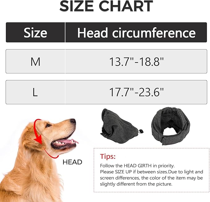 NACOCO Dog Calming Hoodie Adjustable - Anti-Slip Hematomas Noise No Shake Head Wrap Ear Covers Muffs for Dogs Anxiety Relief Noise Canceling Protection Fireworks Grooming Medium (Grey,L)