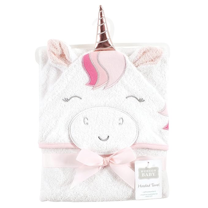 Hudson Baby Unisex Baby Cotton Animal Face Hooded Towel, Rose Unicorn, One Size