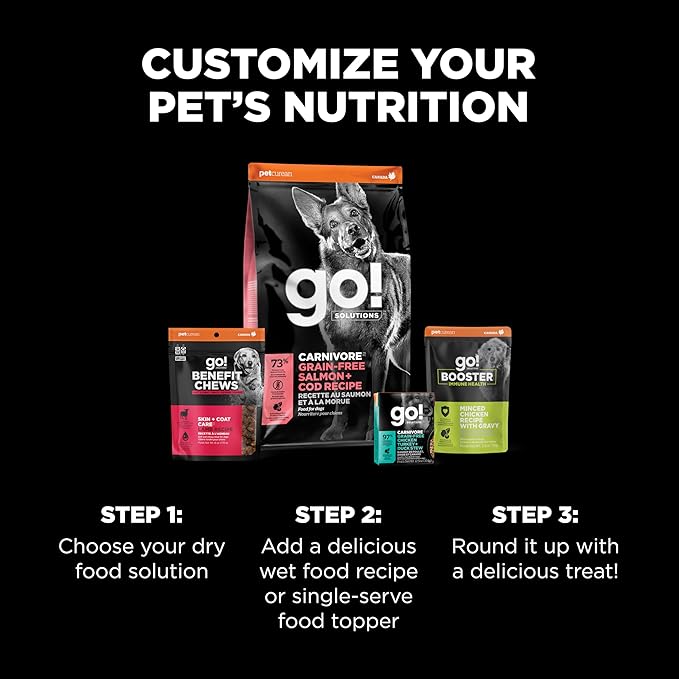 Go! Solutions Carnivore Salmon + Cod Grain-Free Dry Dog Food, Our Highest-Protein Kibble Made with Real Meat & Fish, Chicken-Free Recipe, for Puppies, Adults & Seniors, 12 lb Bag