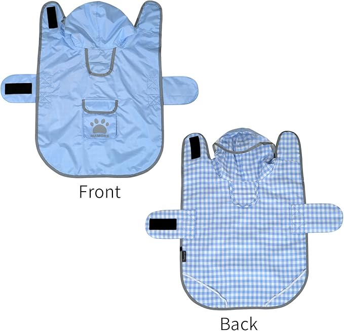 MAMORE Dog Raincoat Reversible,Waterproof Dog Rain Coat Hooded Slicker Poncho with Reflective Strip, Plaid Double Layer Rain Jacket for Small Medium Large Dogs (Light Blue, XX-Large(55-77lb))