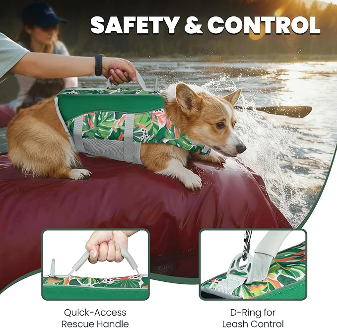 VIVAGLORY Front Float Dog Life Vest, Dog Life Jacket for Swimming & Boating, Swimming Vest with Chin Float & Handle, Ripstop & Buoyancy for Puppy Doggy, M, Floral