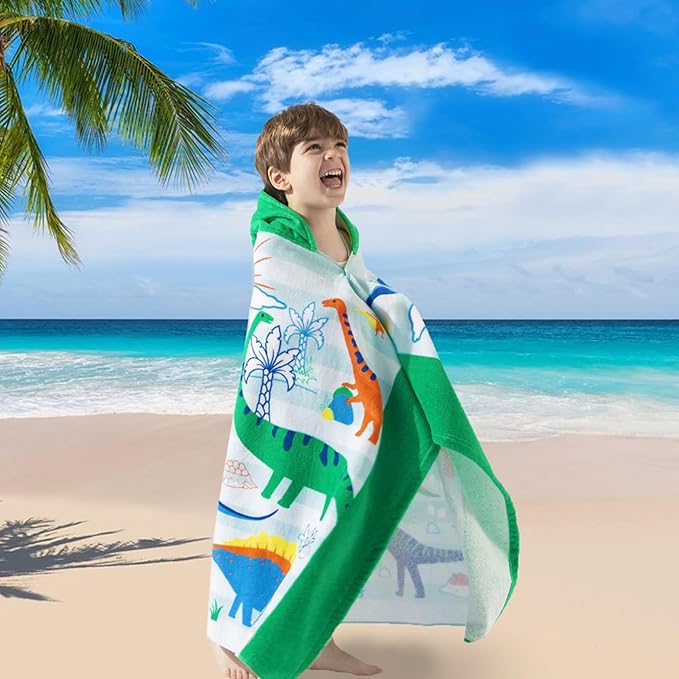 VOOVA & MOVAS Toddler Beach Towels with Hood, Age 3-8, 30''X50'',100% Cotton | Thick | Absorbent, Beach | Pool | Bath | Bathroom | Swim Towel | Wearable Wrap for Boys, Dinosaur Easter Basket Stuffers