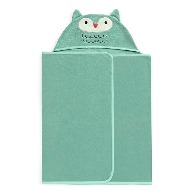 Delta Children Personalized Kids Hooded Bath Towel with Pockets - Super Soft and Absorbent- Great Gift for Boys and Girls, Light Teal Owl