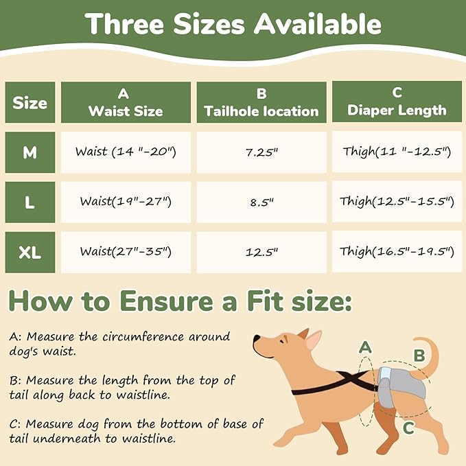 Washable Female Dog Diaper for Large Dogs, 3 PCS Adjustable Suspender Dog Sanitary Panties, Highly Absorbent Reusable Doggie Diapers for Small Medium Girl Dogs in Heat (L)