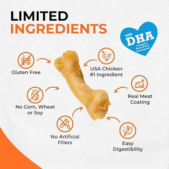 Canine Naturals IrresistiBONES Long Lasting Puppy Chicken and Rice Chew - Made with USA Chicken - All Natural - Added DHA for Healthy Growth - 6 Pack