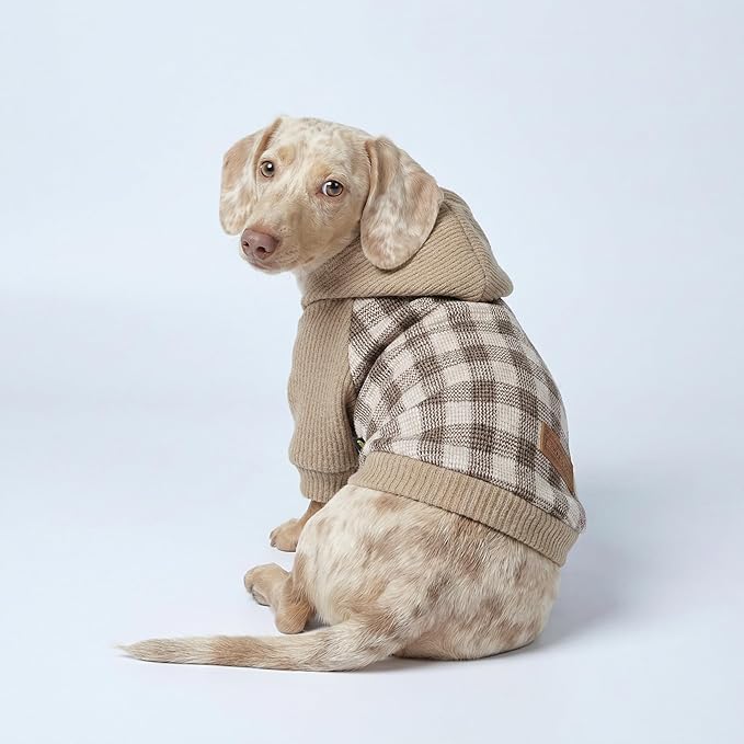 Fitwarm Tartan Plaid Dog Hoodie, Knitted Dog Clothes for Small Dogs Boy, Pet Sweatshirt, Knitted Sweater, Beige, XS