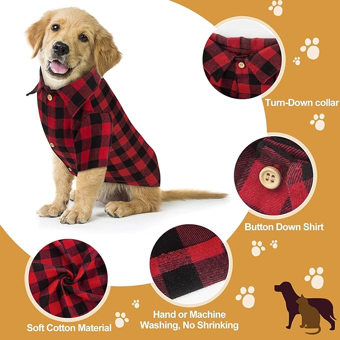 Plaid Dog Shirt Red Buffalo Dog Outfit Soft Casual Pet Clothes for Small Medium Large Dogs Puppy Cats Halloween Thanksgiving Christmas Costumes(L)