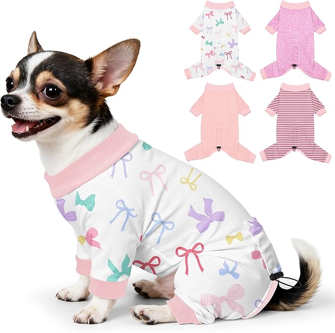 Bienbee Dog Pajamas, 4 Pack Dog Recovery Suit Shedding Suit Cute Soft Puppy Clothes Dogs Pjs Onesies Jammies Adjustable Breathable & Stretchy Clothes for Small Medium Large Dogs Girl Boy Puppy-S