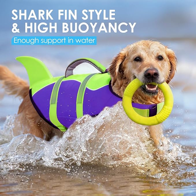 AOFITEE Dog Life Jacket, Dog Life Vest for Swimming, Shark Dogs Swimming Vest with Rescue Handle and Reflective Stripe, Ripstop Pet Float Coat Swimsuit Lifesaver Small Medium Large Dogs Green XL