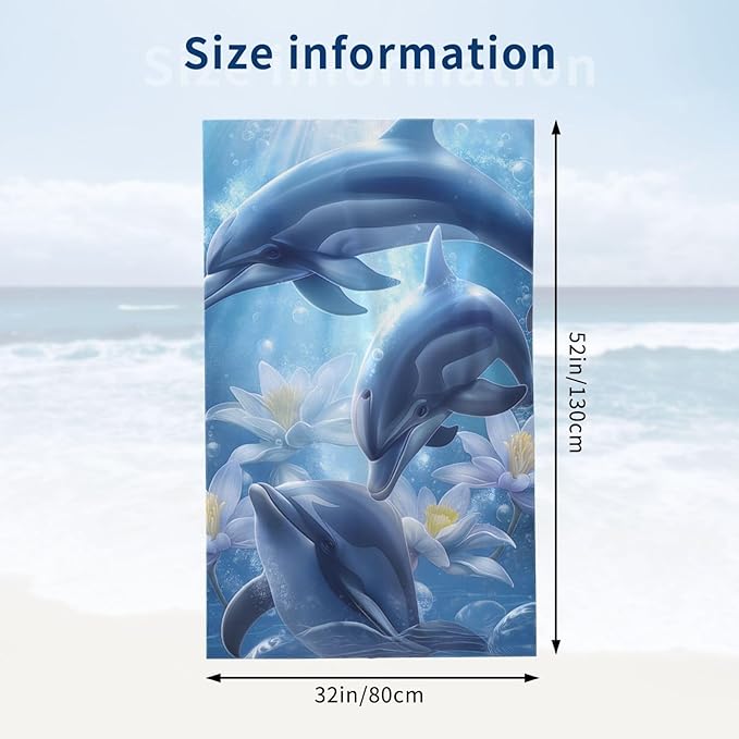 Dolphin Ocean Beach Towel 31inx51in, Underwater Sand-Free Microfiber Bath Towel Ultra Soft Quick Dry Pool Towel Absorbent Towel Lightweight Towel for Swimming Bathroom Decor