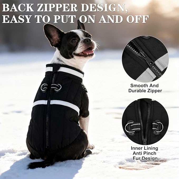 EXPAWLORER Dog Winter Coat Jacket, Thick Warm Waterproof Reflective Puppy Snowsuit with Harness Buit in, Pet Fleece Vest Soft Turtleneck with Zipper Cold Weather for Small Medium Dogs - Black, M