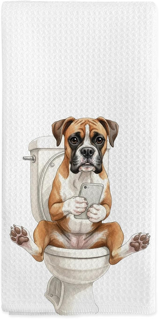 Funny Boxer Dog Gifts Hand Towels for Bathroom, Boxer Dog Decor Dish Tea Towels, Funny Dogs Looking at Phone Decorative Hand Towel for Toilet Kitchen Washroom Decor, 16x24 Inch