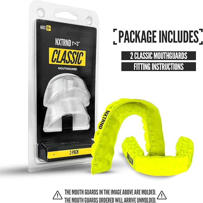 2 Pack Nxtrnd Classic Mouthguard, Custom Fit Sports Mouthpiece for Football, Boxing, MMA, Basketball, Hockey, Lacrosse, Youth & Adult (Neon Yellow)