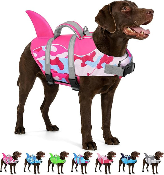 AOFITEE Dog Life Jacket Large, Shark Dog Life Vest for Swimming Boating, High Flotation Reflective Dogs Swimming Vest Lifesaver with Rescue Handle, Pet Swimsuit for Small Medium Large Dogs, L