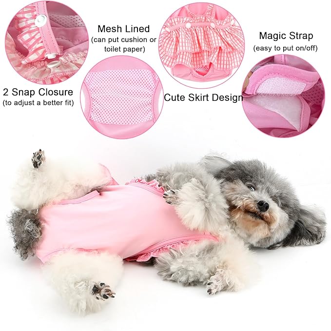 Zunea Washable Female Small Dog Diapers for XS/S Size Dogs Adjustable Suspender Reusable Puppy Sanitary Diaper Pantie Cute Cherry Plaid Nappies Skirt for Doggy Chihuahua Yorkie in Heat Pink S