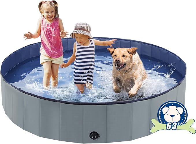 Foldable Dog Pool, Portable Pet Bath Tub and Kiddie Swimming Pool, Collapsible Bathtub for Puppies, Small, Medium and Large Dogs, Cats and Kids, 63 x 12 in, Gray