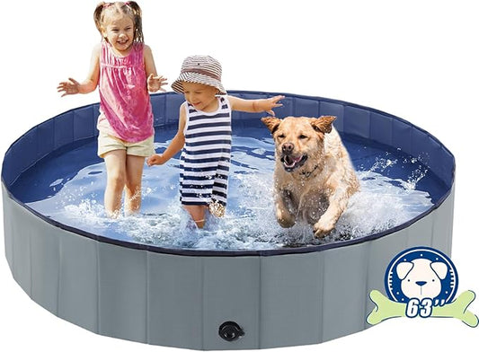 Foldable Dog Pool, Portable Pet Bath Tub and Kiddie Swimming Pool, Collapsible Bathtub for Puppies, Small, Medium and Large Dogs, Cats and Kids, 63 x 12 in, Gray
