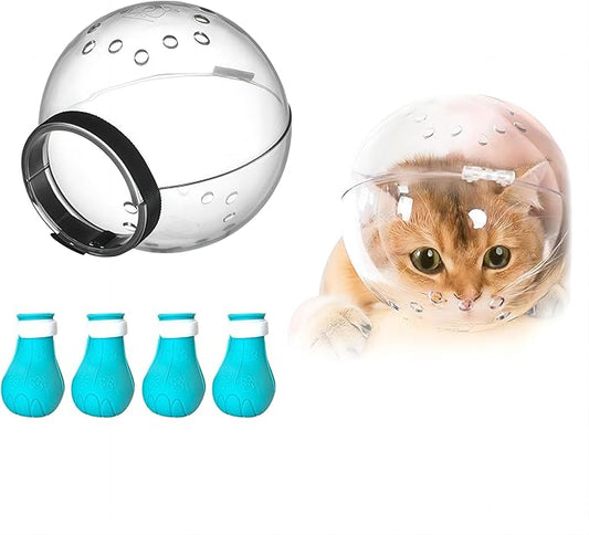 Cat Muzzle and Boots, Adjustable Helmet for Grooming, Breathable Hood Face Mask for Shaving Head Bubble Cover, Anti Bite Cat Holder for Bathing