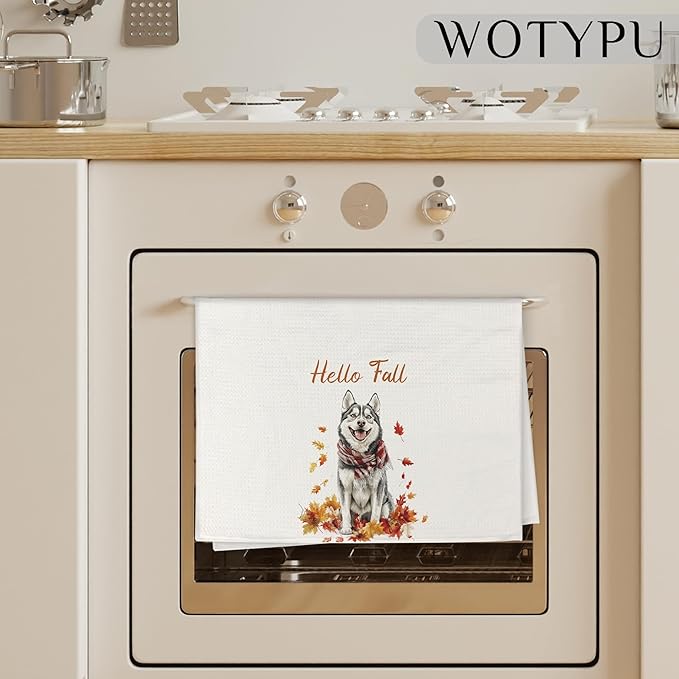 Fall Husky Kitchen Towels, Husky Lover Gifts Dish Tea Towel for Kitchen Decor, Farmhouse Fall Autumn Maple Leaf Dog Hand Towels for Bathroom Decor,16X24 Inch