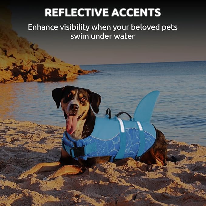 Queenmore Shark Dog Life Jacket, Dog Life Vest for Swimming, High Buoyant Doggie Swimming Vest, Adjustable Easy On Pet Swim Jackets for Small, Medium, Large Breeds (Blue,M)