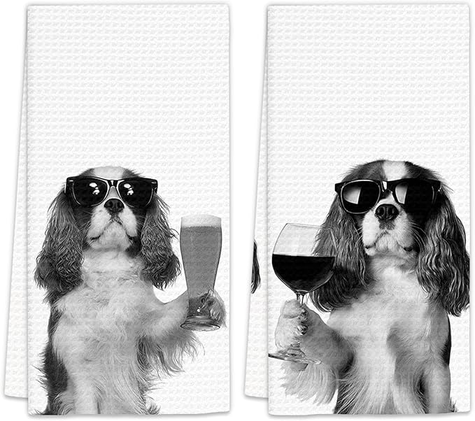 Cavalier King Charles Spaniel Gifts Wine Kitchen Towels Set of 2, Gifts for Cavalier Dog Beer Lovers Decorative Hand Dish Towel for Kitchen Home Bar, Funny Dog Home Bar Cart Decor(16x24Inch)