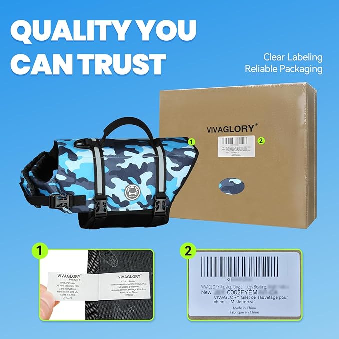 VIVAGLORY Rip Stop Dog Life Vest, Swimming Vest with Handle, Buoyancy for Doggy Puppy, Dog Life Jacket for Swimming & Boating, XS, Camo Blue