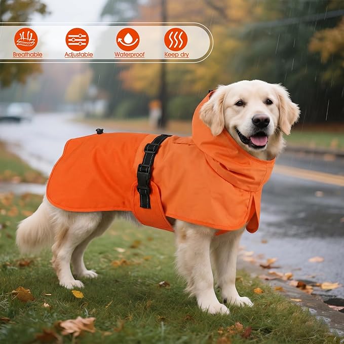 BRKURLEG Dog Raincoat for Small Medium and Large Dogs Waterproof Dog Rain Jacket Adjustable Hooded Dogs Raincoat Pet Rain Coat Poncho with Leash Hole, Reflective Strip, Orange, M
