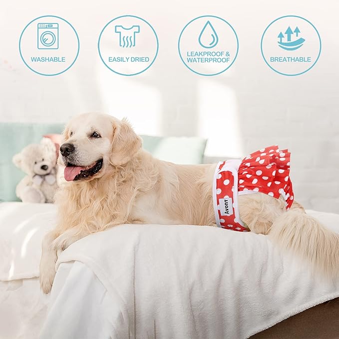 Avont 3 Pack Washable Female Dog Diapers, Reusable Period Diapers Cover for Girl Doggies Heat Cycle, Incontinence -Black/Green/Red Dot(S)