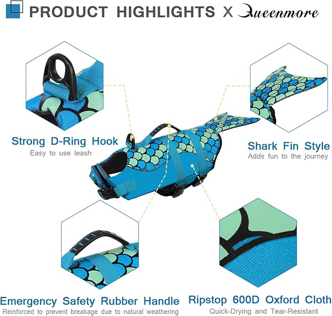 Queenmore Mermaid Dog Life Jacket - Lightweight Dog Swimming Vest, High Buoyant, Blue, XL