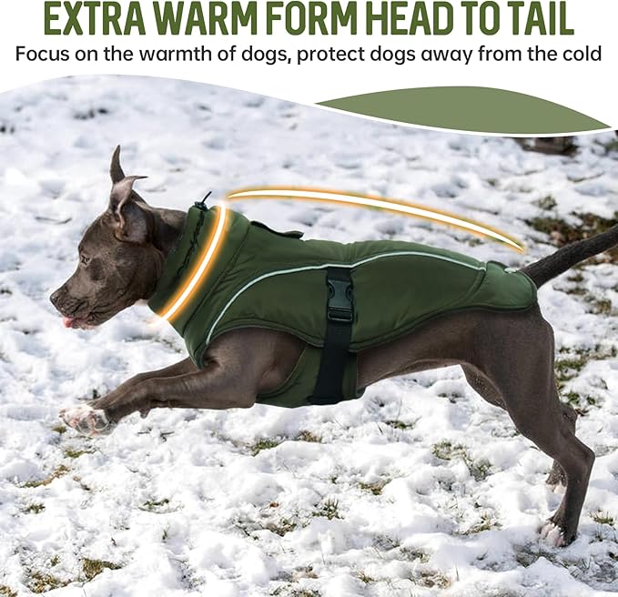 DENTRUN Winter Warm Dog Coat Reflective Jacket with Turtleneck for Cold Weather, Adjustable Buckle Windproof Water Repellent, Thick Snowsuit Fleece Vest for Small, Medium, Large Dogs, Green, XXXL