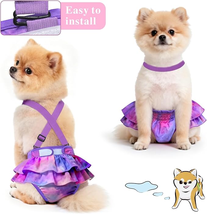 Idepet Female Dog Diapers with Suspender Detachable, 3 Pack Tie Dye Washable Reusable Girl Doggie Diapers Skirts for Small Medium Female Dog in Heat Period Cycle Urinary Incontinence Training XL
